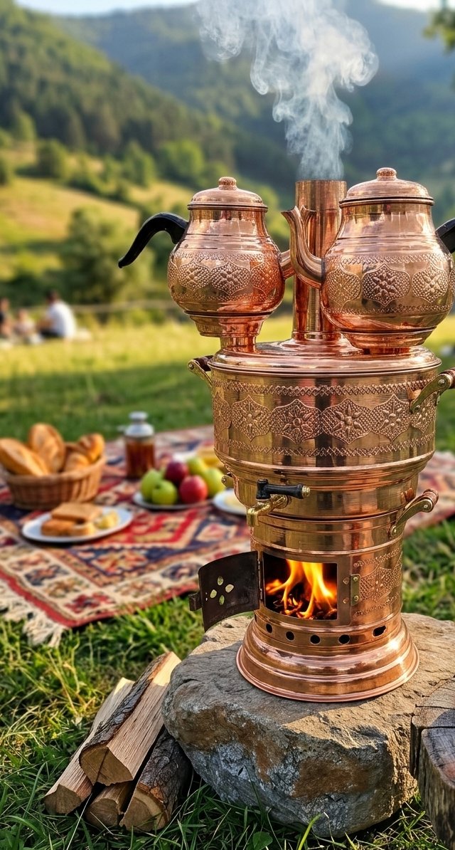 Açık havada odunla yanan çift demlikli bakır semaver
